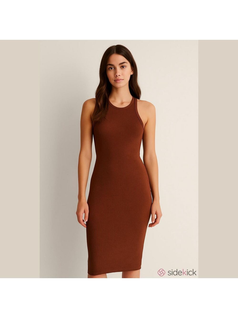 Women's BSL Brown Ribbed Mini Dress with Open Back, Size S